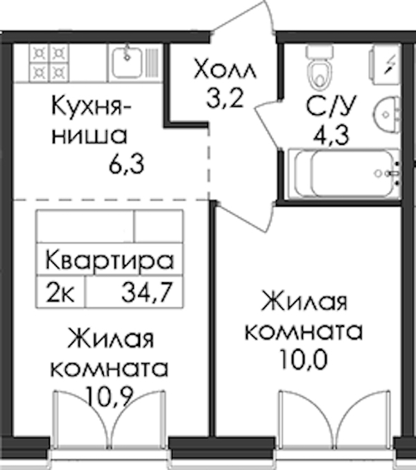 1-комнатная квартира 34.7 м², 4/9 эт., ЖК «Лермонтовский 54»